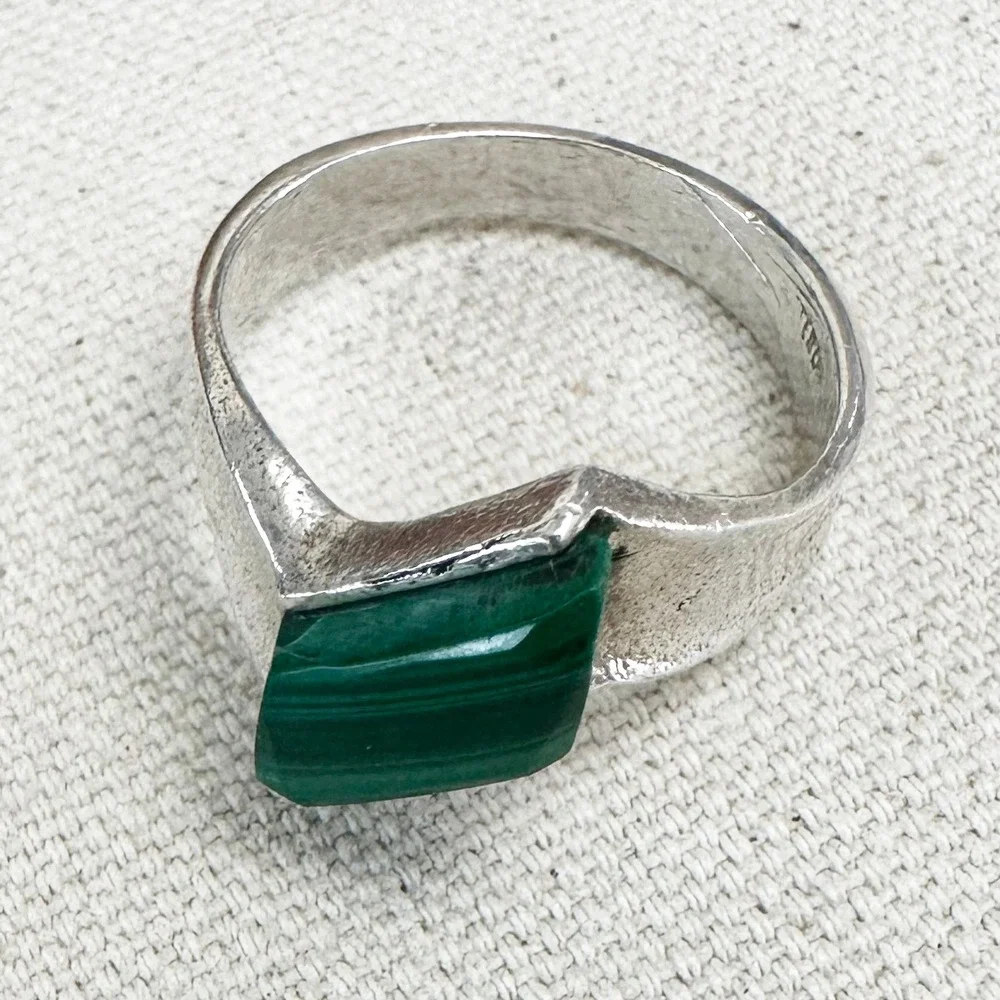 Vintage Malachite Ring Sterling Silver Handmade Green Stone Band Ring‎ Sz 11